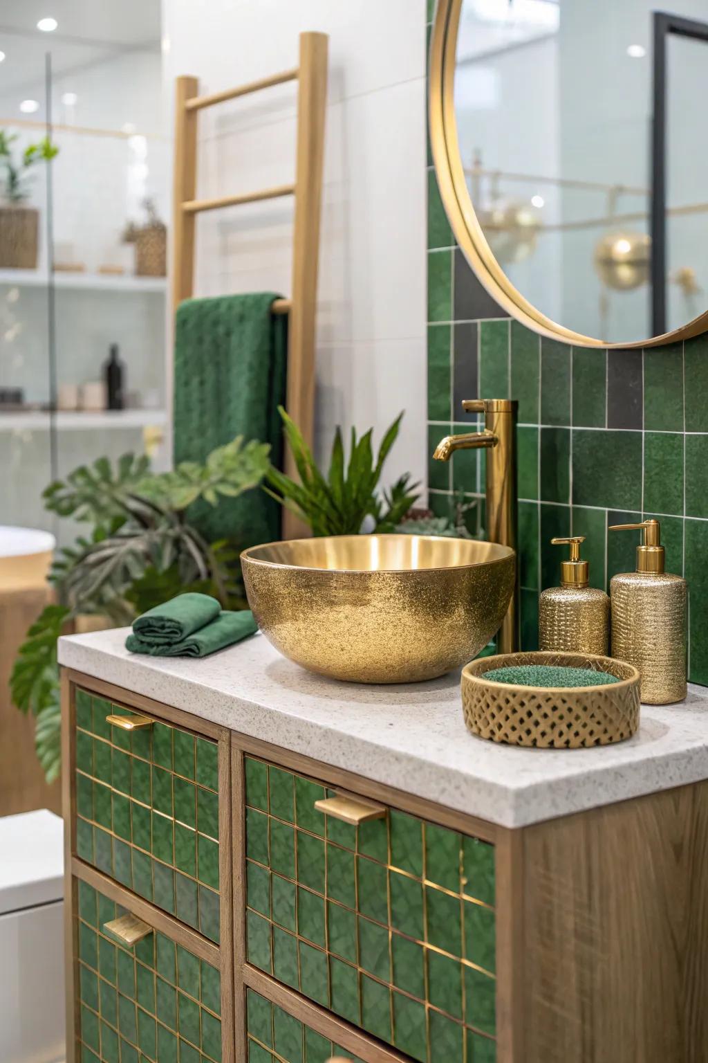 Eco-friendly green materials with gold finishes offer sustainable style.