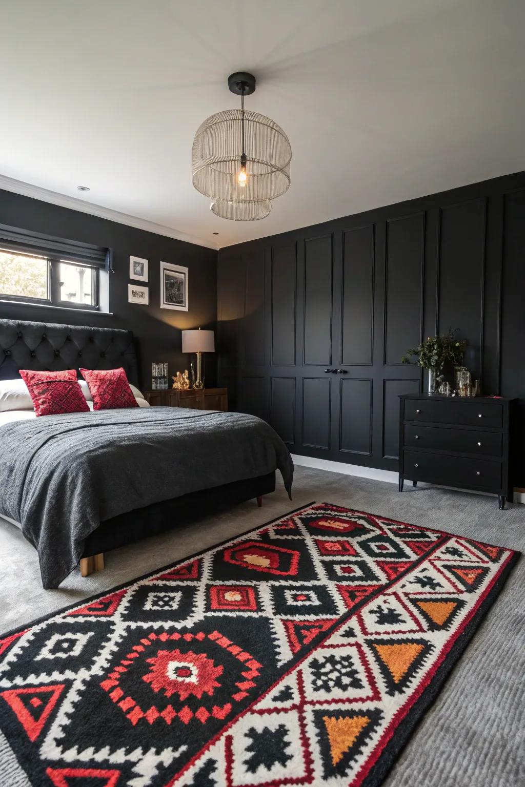 A statement rug with bold patterns adds personality to this black bedroom.