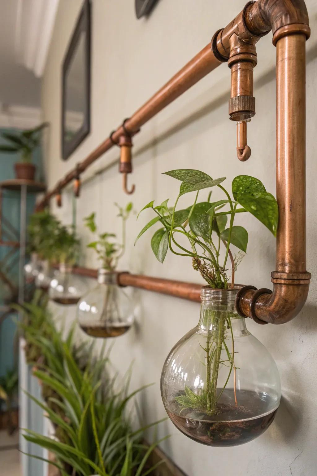 Copper pipe hangers provide a chic metallic contrast to the propagation wall.