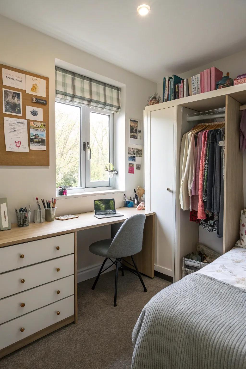 A dual-purpose vanity maximizing utility in a small room.