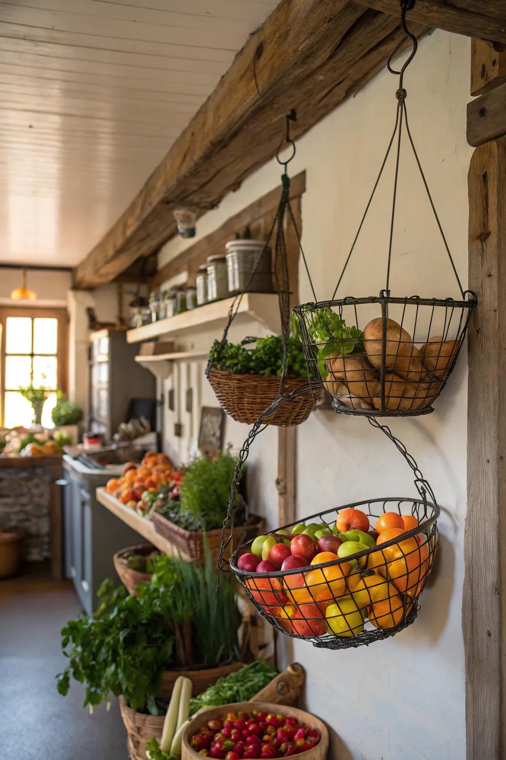 Enhance your kitchen with hanging baskets for produce storage.