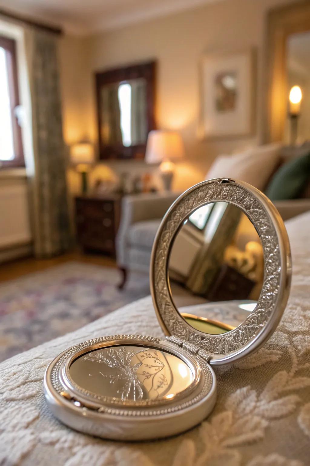 An engraved mirror offers both practicality and sentiment.