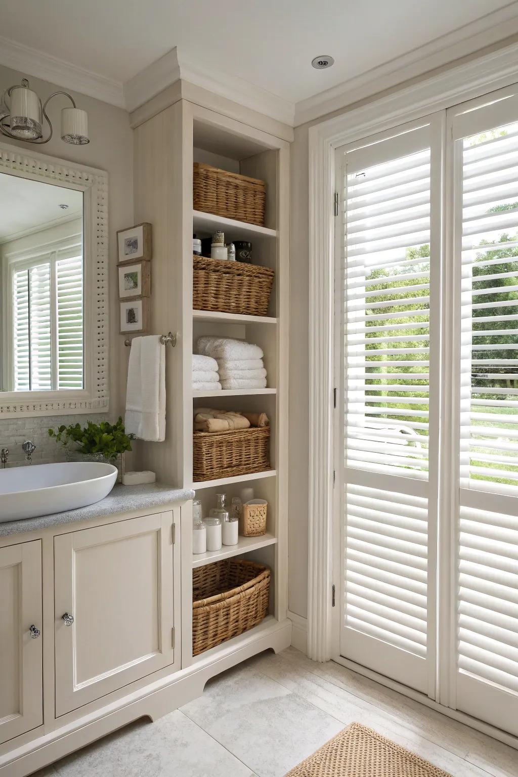 Shutters with integrated shelving offer a stylish and practical storage solution for small bathrooms.