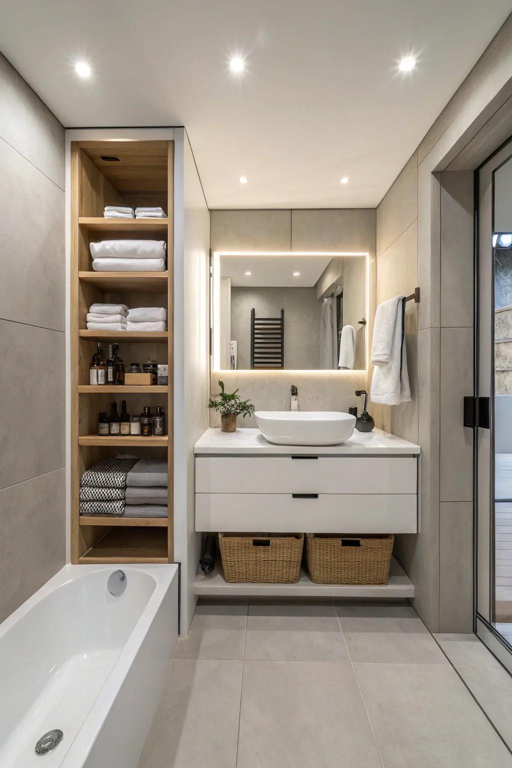 Hidden storage in soffits helps maintain a clean and organized bathroom.