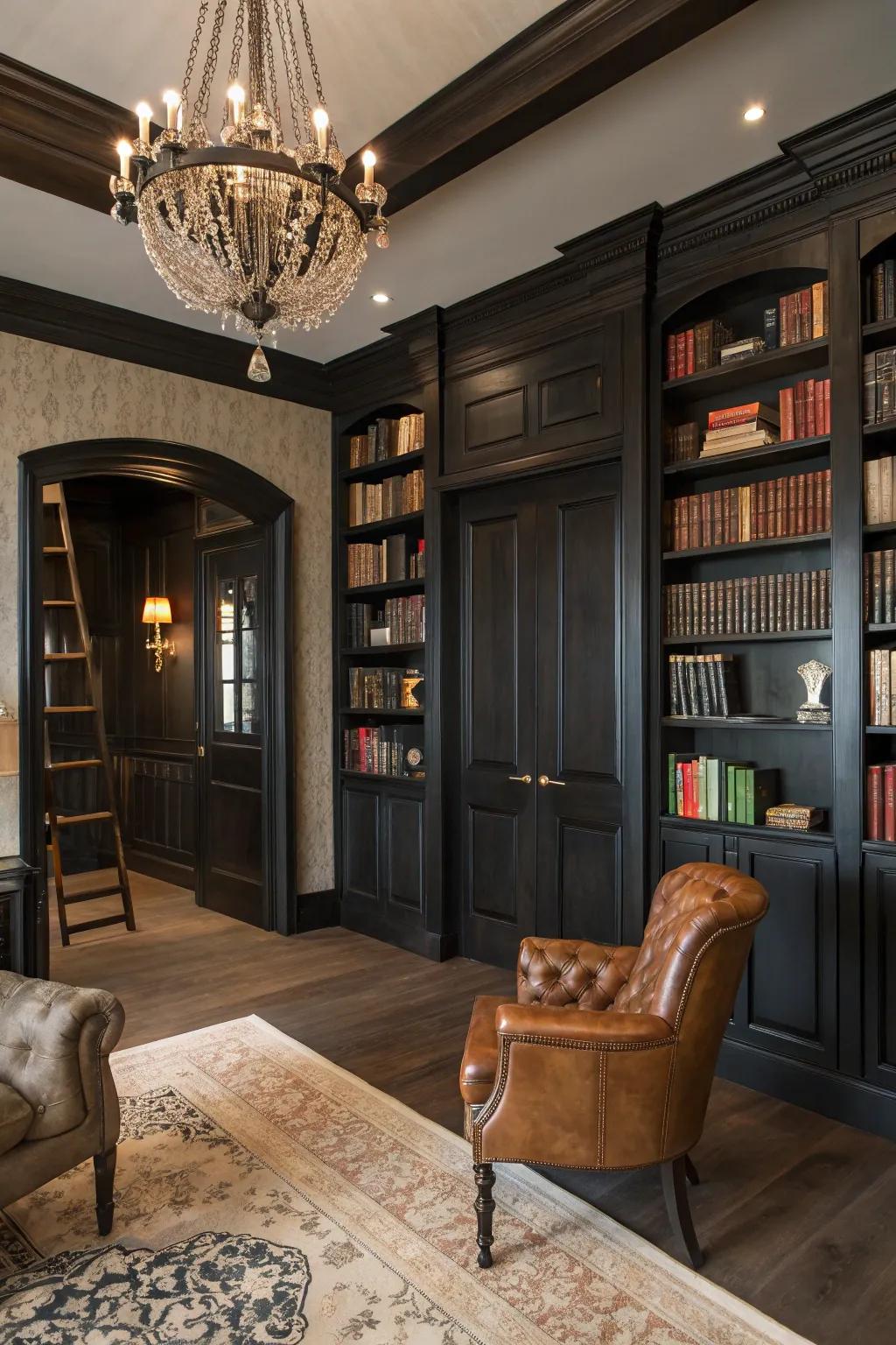 Sophisticated black doors adding elegance to a home library.