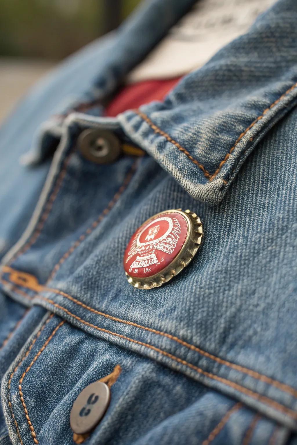 Denim-themed bottle cap pins for a touch of upcycled style.