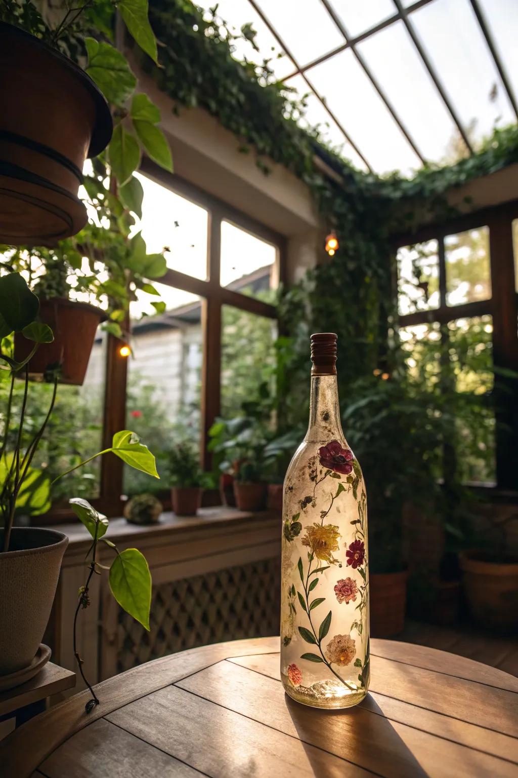 A pressed flower bottle lamp for a natural look.