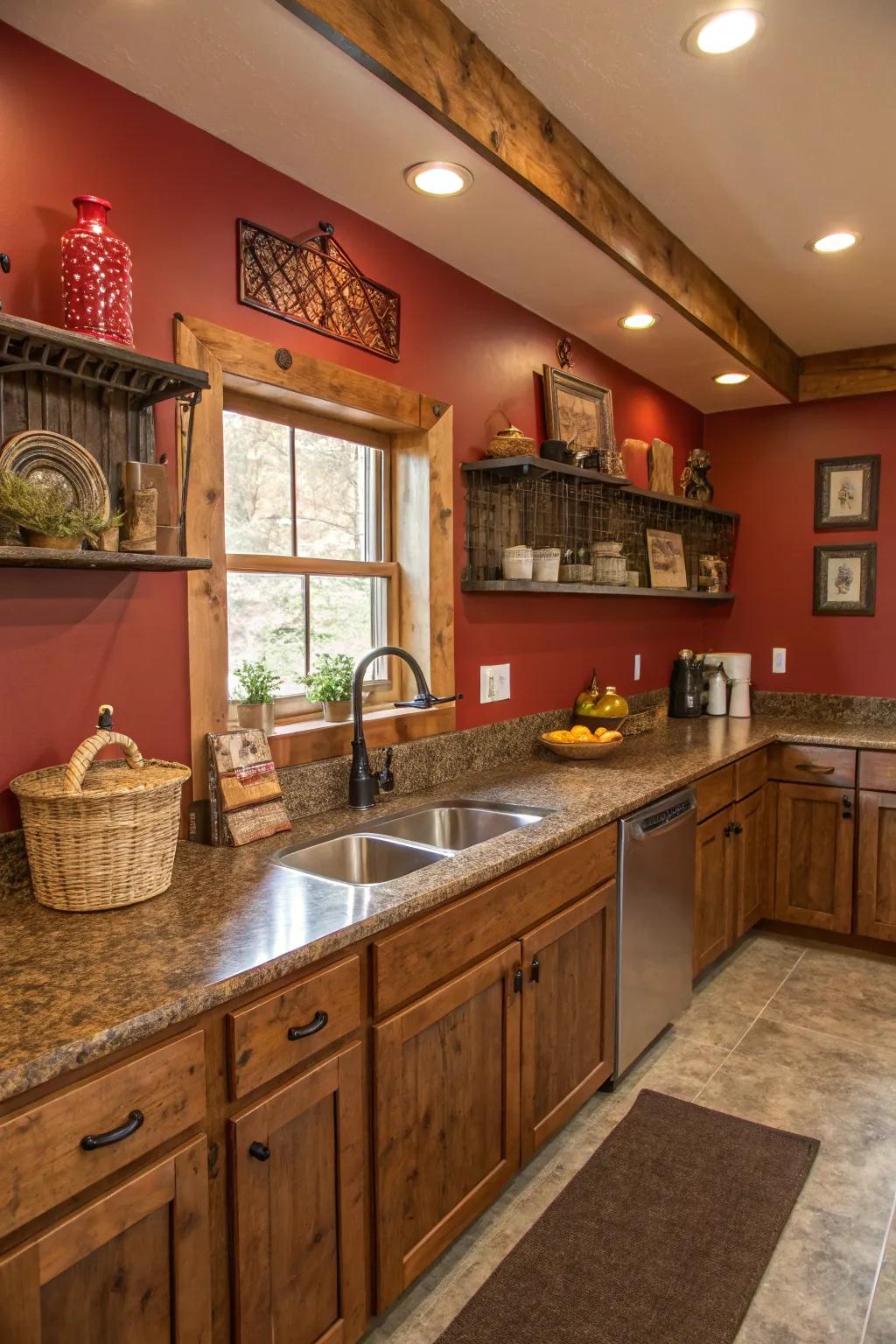 Rustic red walls create a cozy and inviting retreat with brown granite.