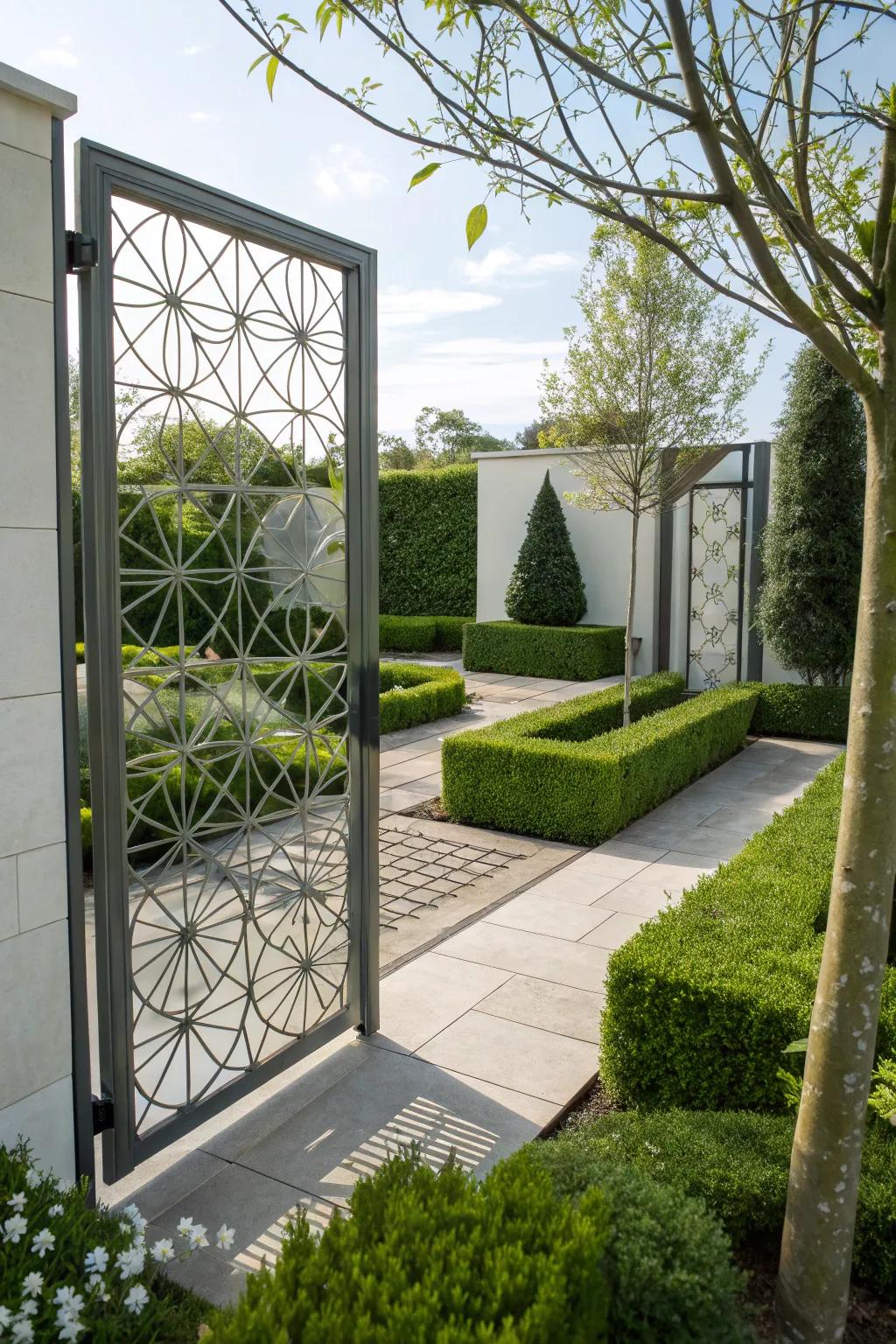 Geometric designs in wire create a modern and stylish garden gate.