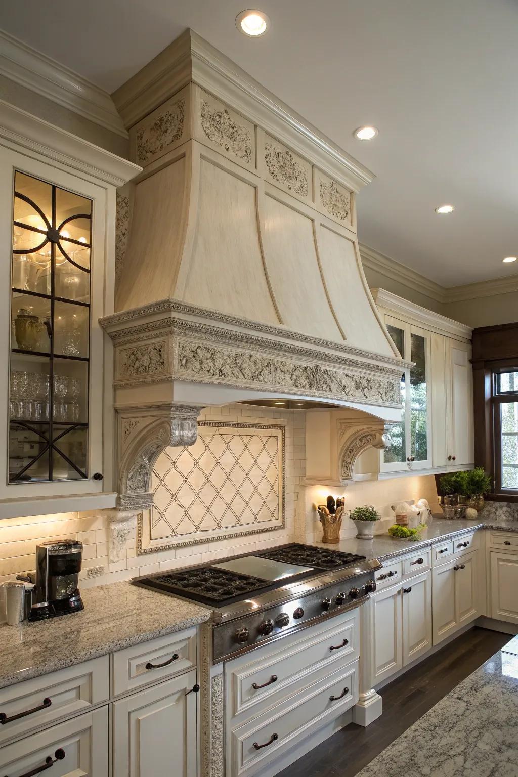 A kitchen with a stately range hood and repeating patterns.