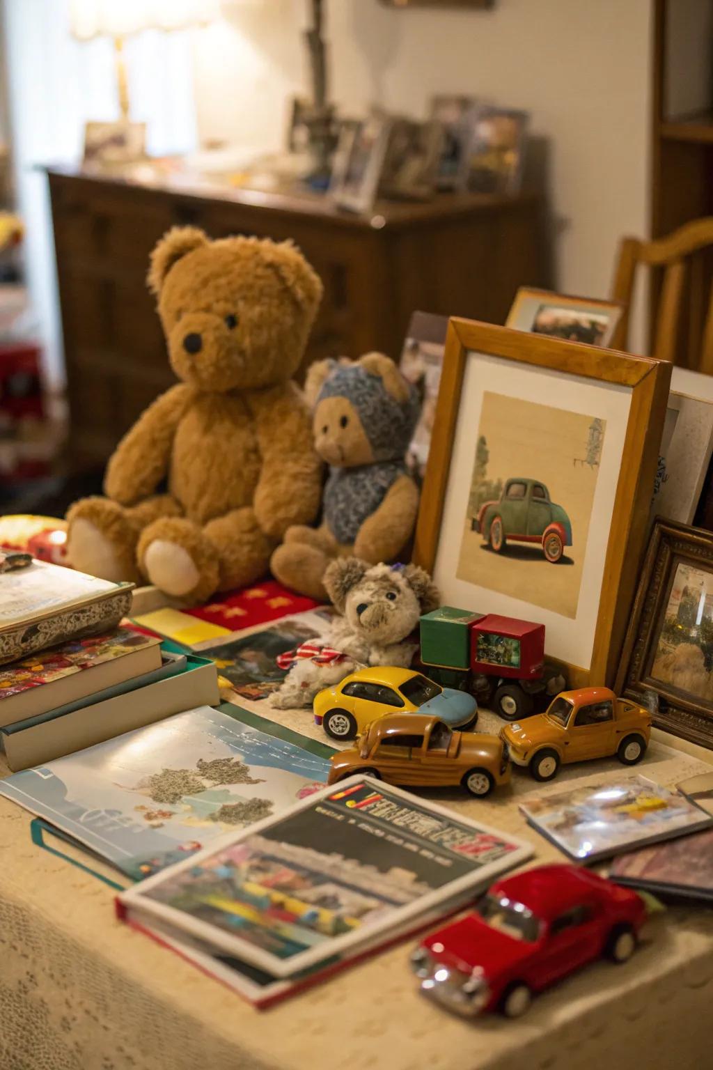 A childhood memorabilia display celebrating youthful innocence.