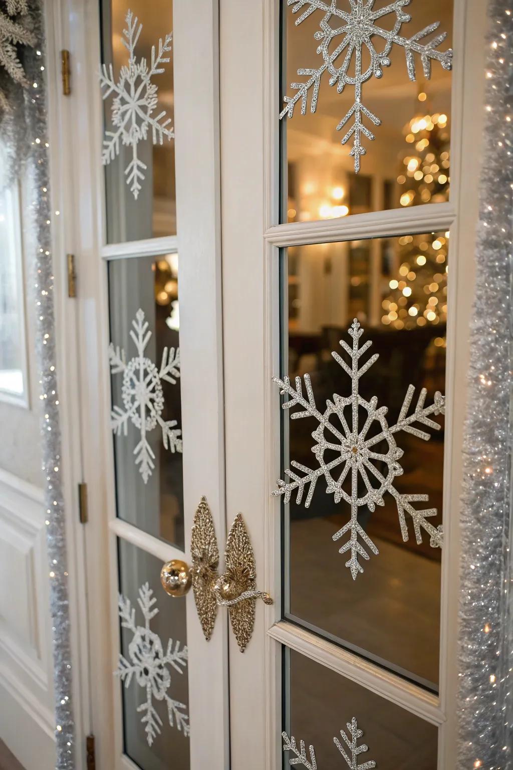 Elegant snowflake decorations create a winter wonderland effect.