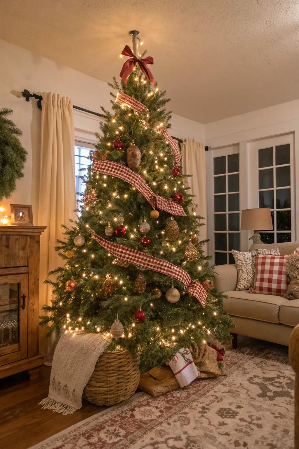 A cozy Christmas tree featuring gingham check ribbons, creating a warm and welcoming holiday atmosphere.