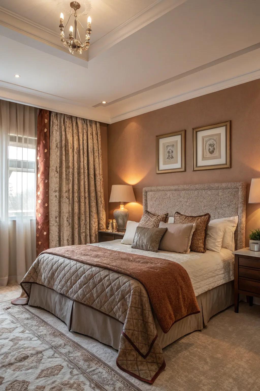 A tranquil bedroom with rust and taupe accents.