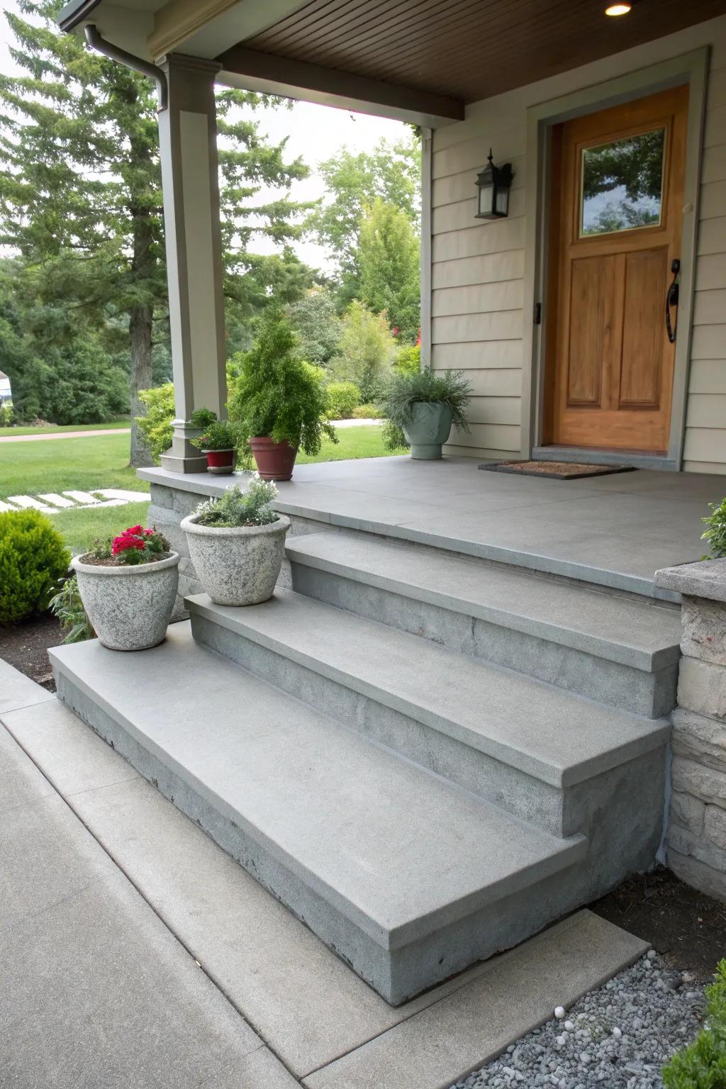 Matching steps create a seamless transition to a porch.