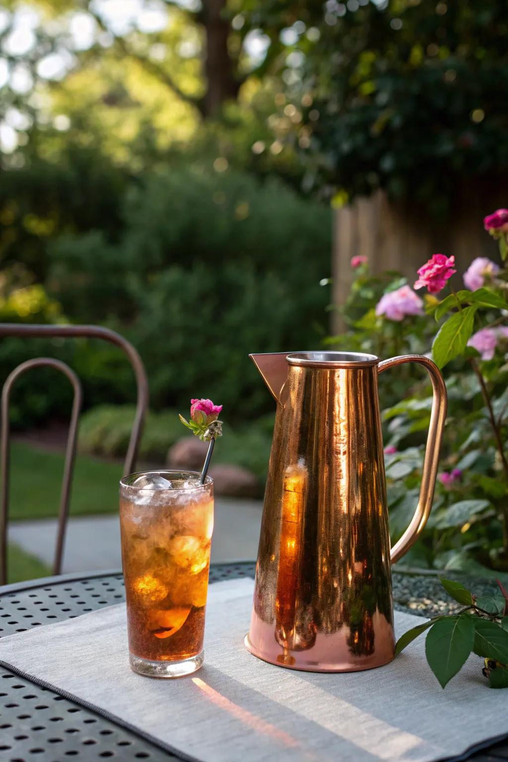 Serve refreshing drinks with a touch of elegance using a copper pitcher.