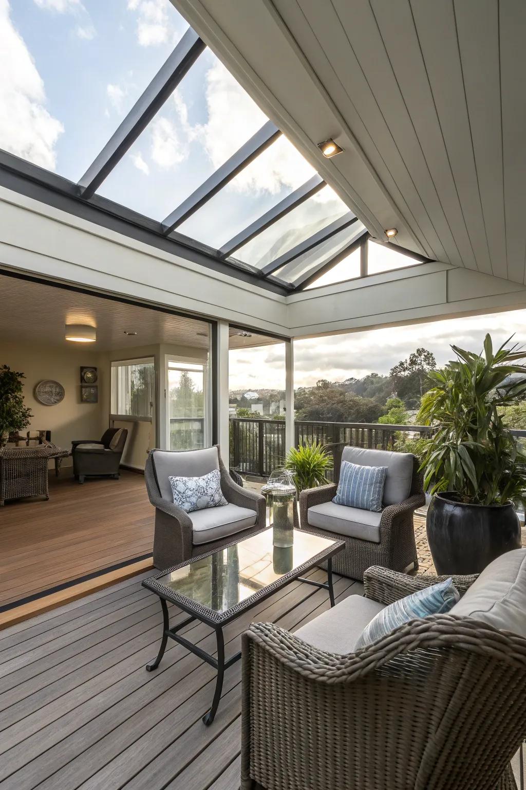 A skylight bathes this covered deck in natural light while maintaining shelter.