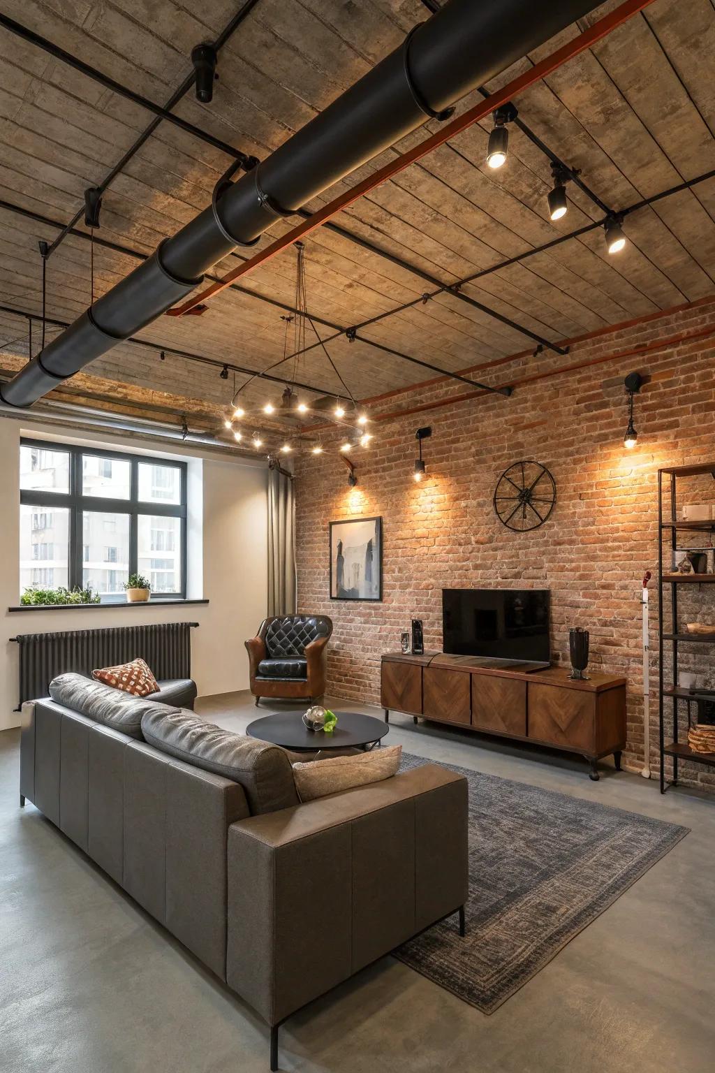 Faux brick panels provide an industrial edge to any ceiling.