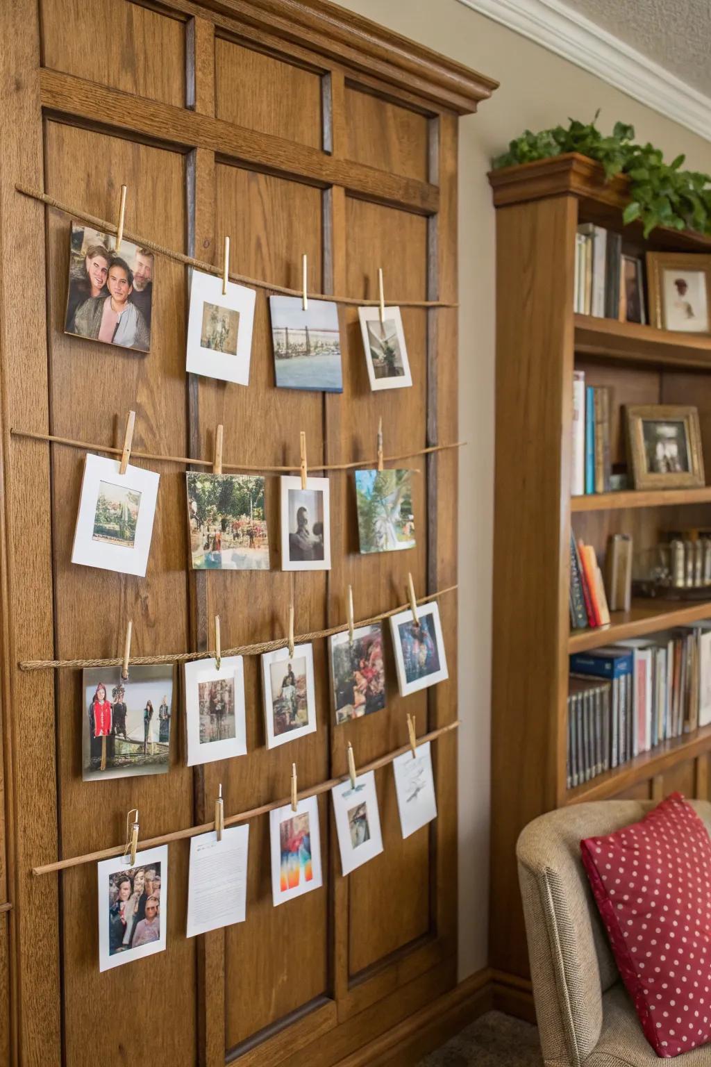 A creative photo display crafted from sticks, perfect for personalizing your space.