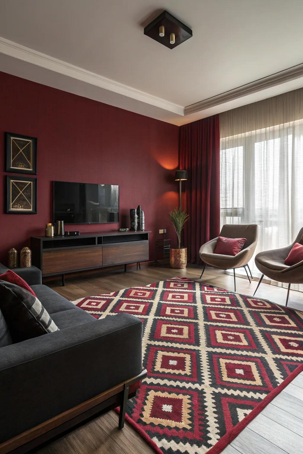 A trendy living room with dark red walls and geometric patterns.