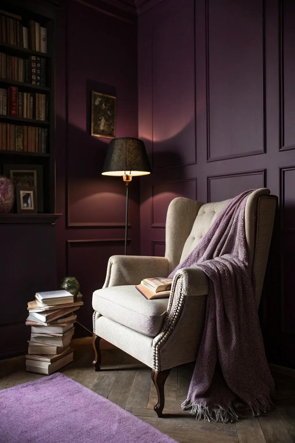 Aubergine walls add drama and luxury to the nook.