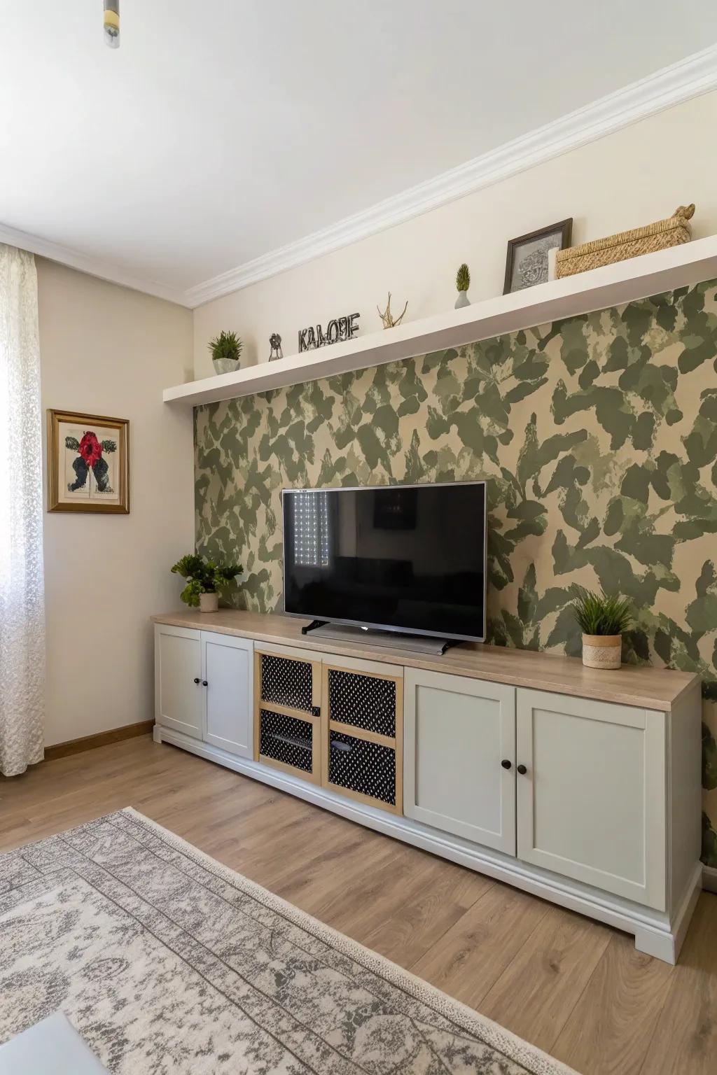 Camouflaged cabinets providing hidden storage around a TV.