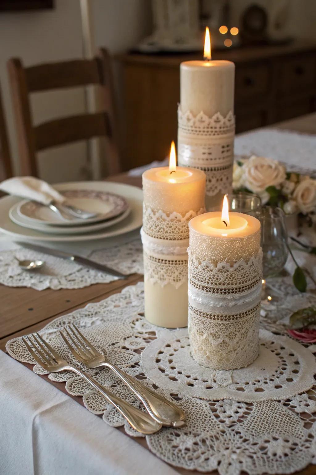 Delicate lace-wrapped candles adding a vintage charm.