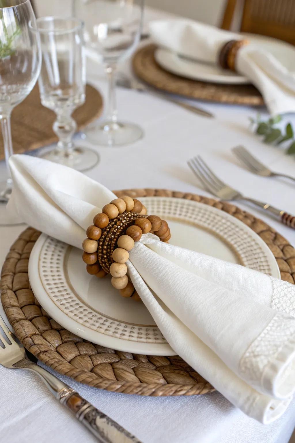 A handmade wooden bead napkin ring.