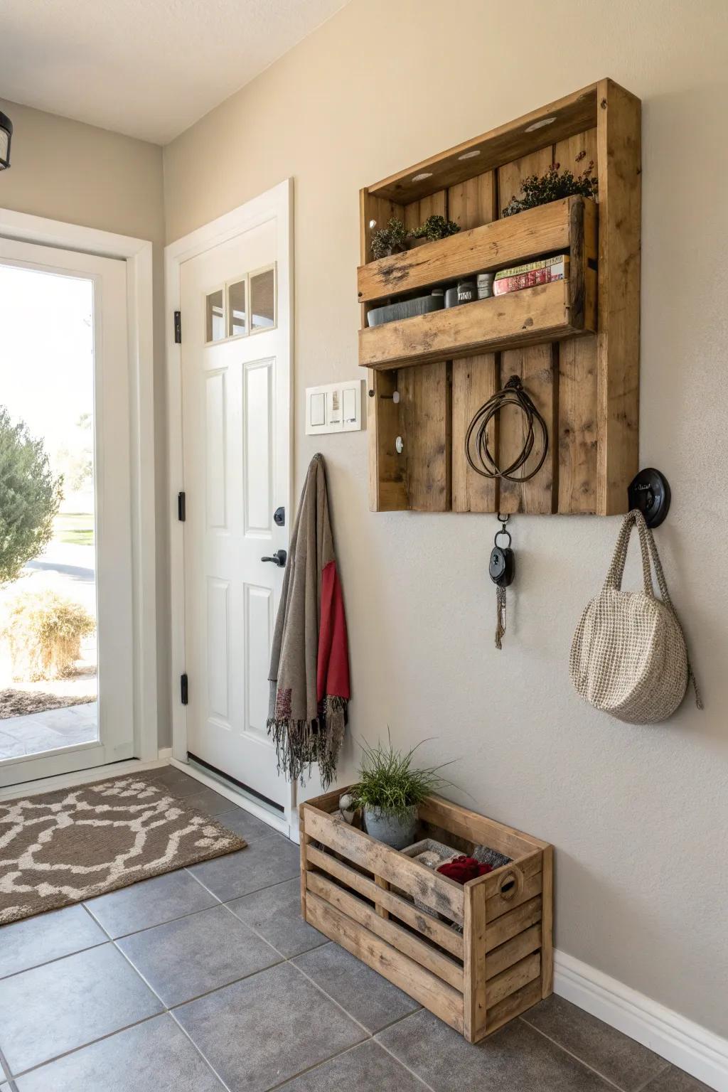 A wooden crate key holder keeps entryways organized.