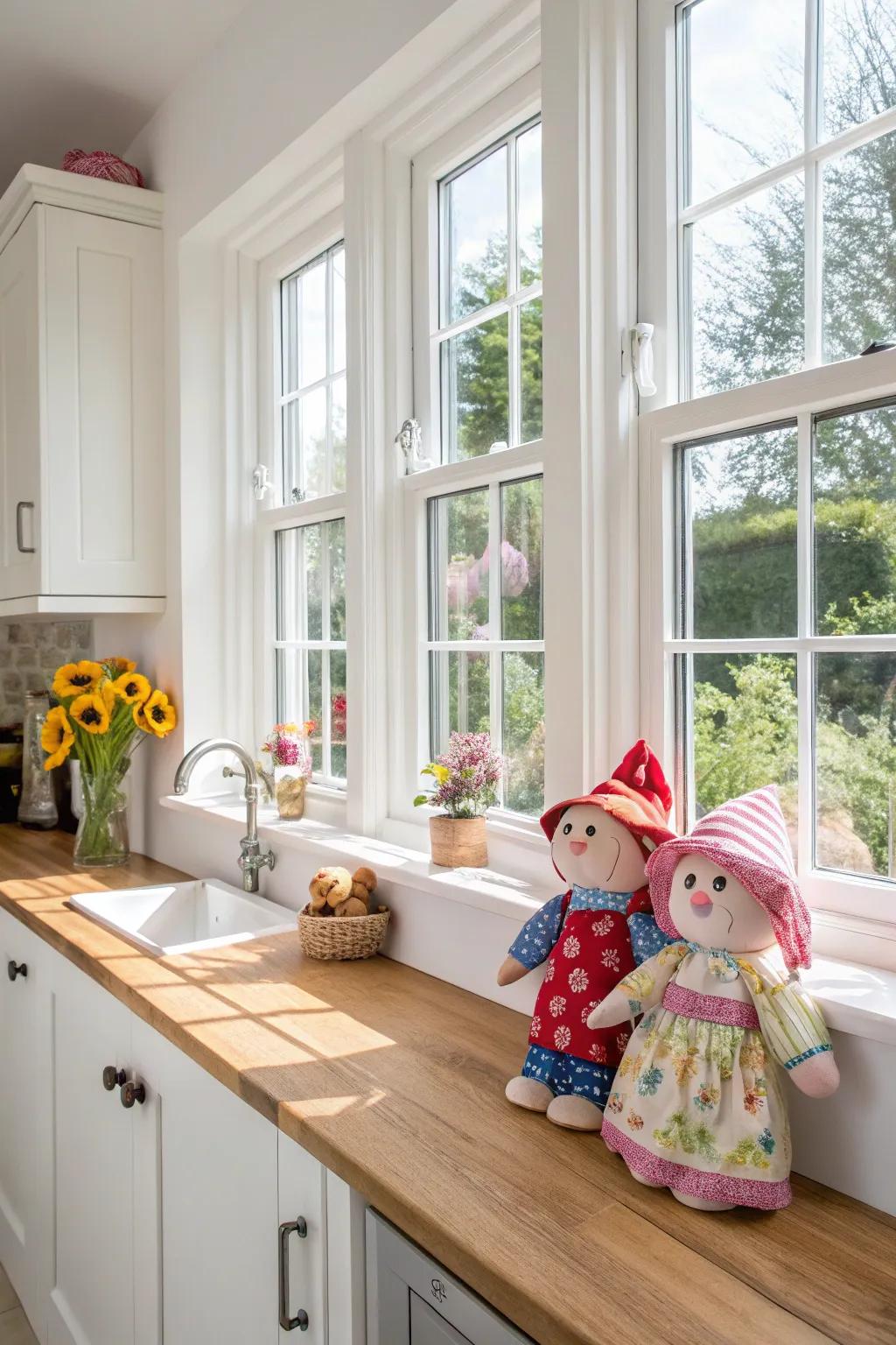 Window sills offering a playful and bright display for small dolls.