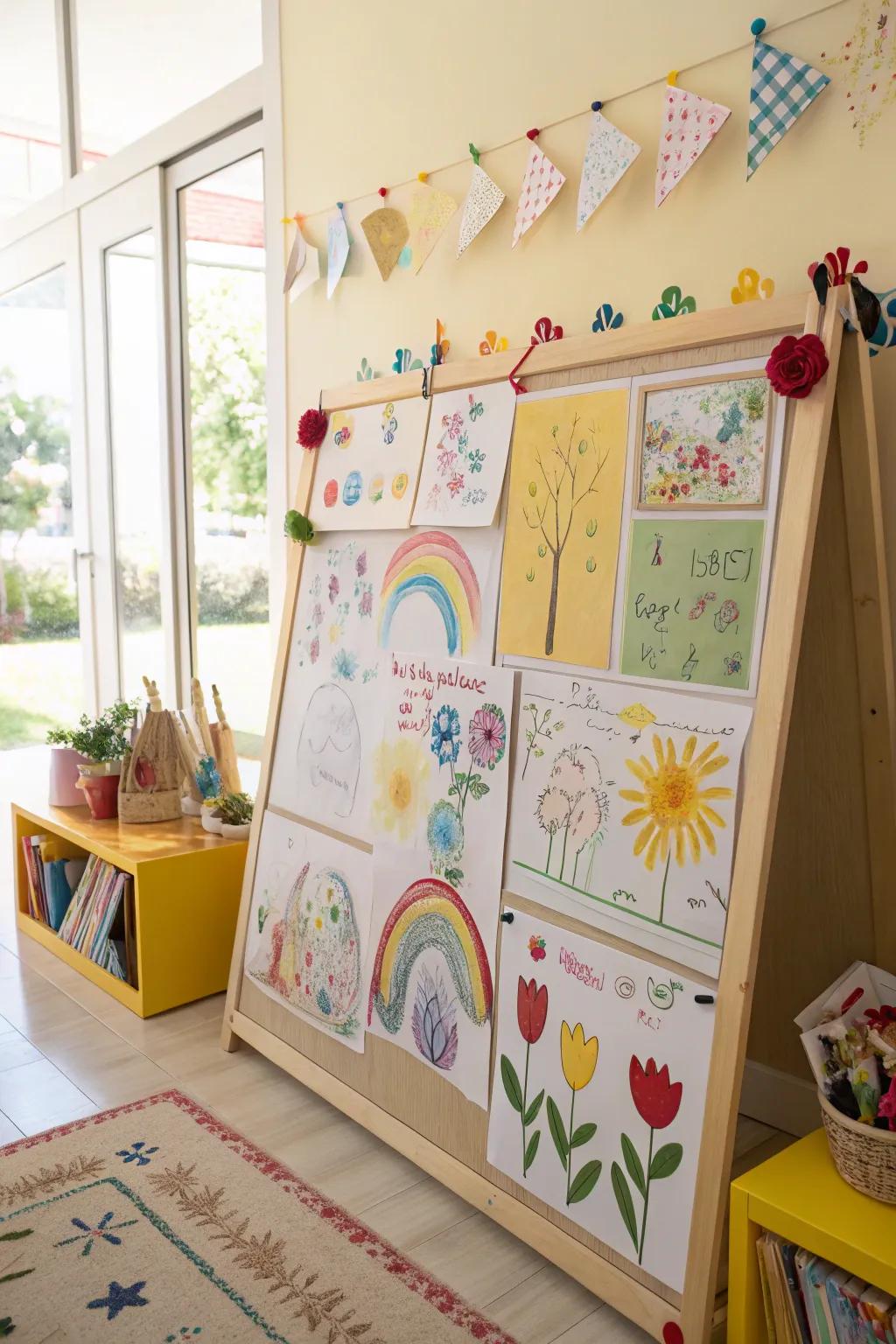 A large magnetic board displaying a variety of children's art.