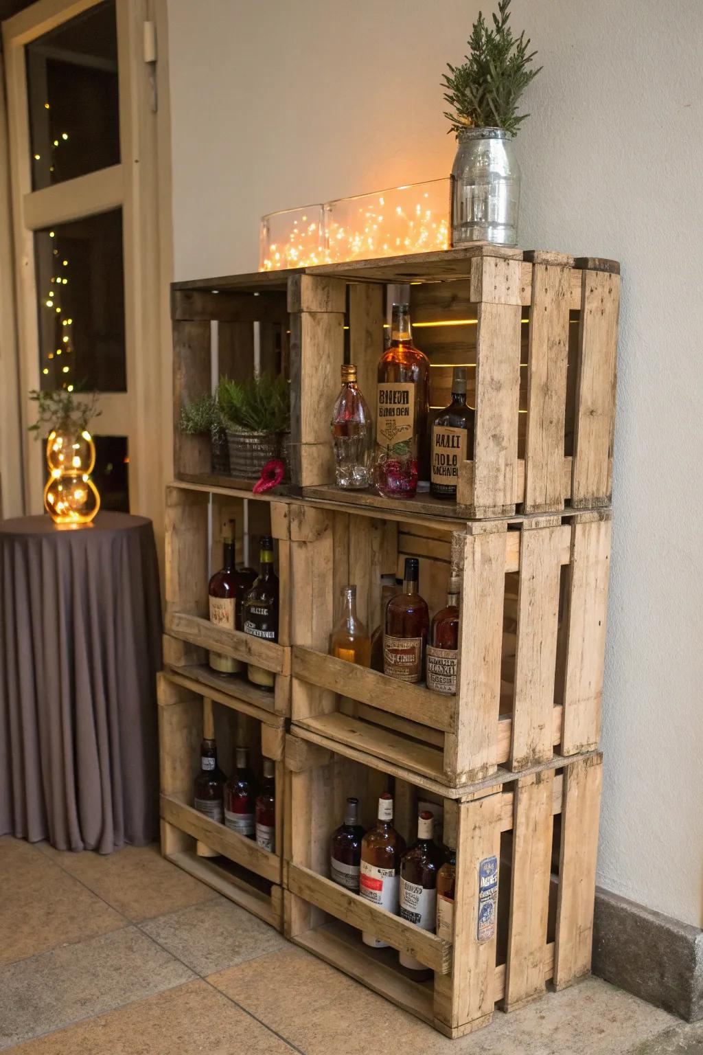 Wooden crates upcycled into a charming liquor cabinet.