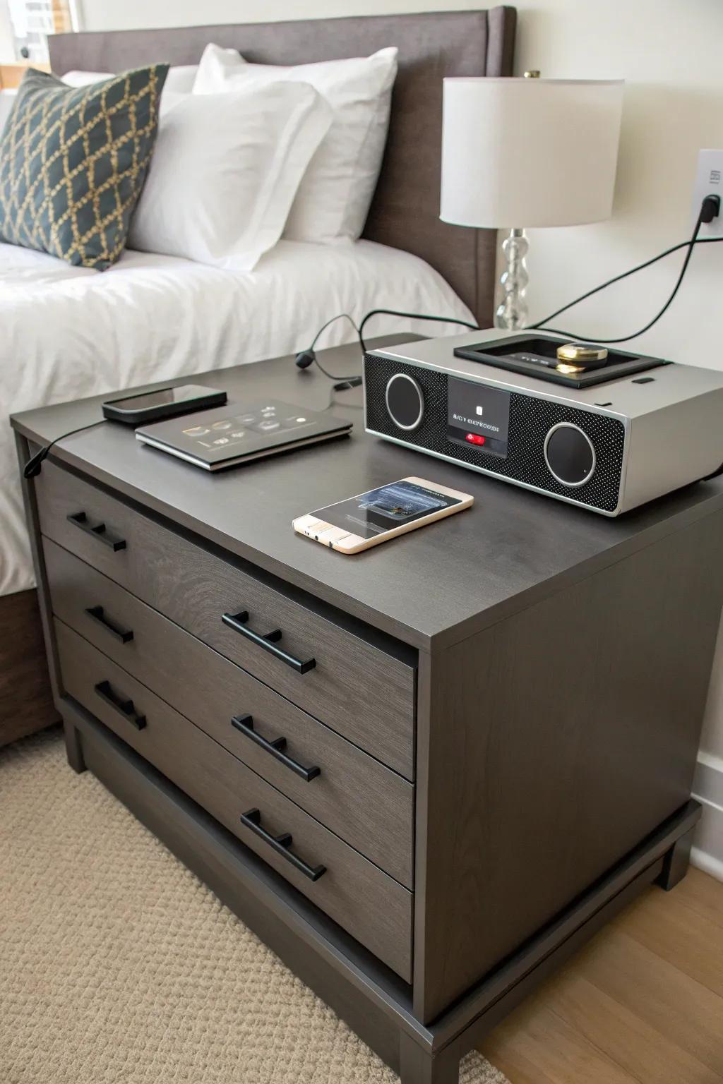 A tech-savvy dresser combines modern convenience with stylish storage.