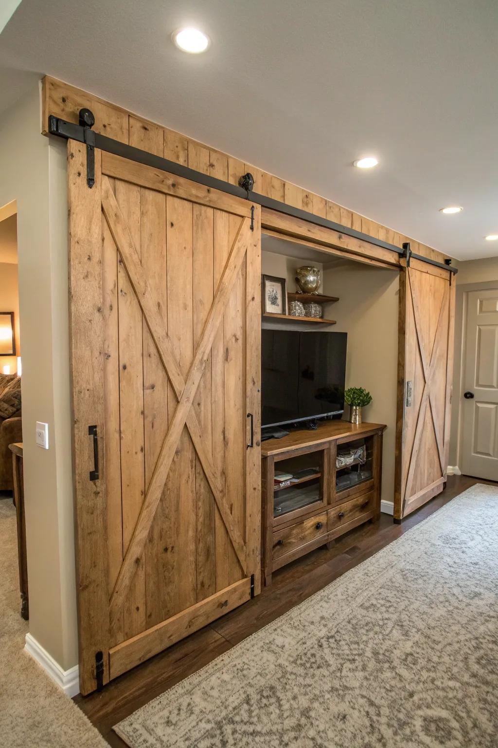 Sliding doors add functionality and rustic charm to this entertainment center.