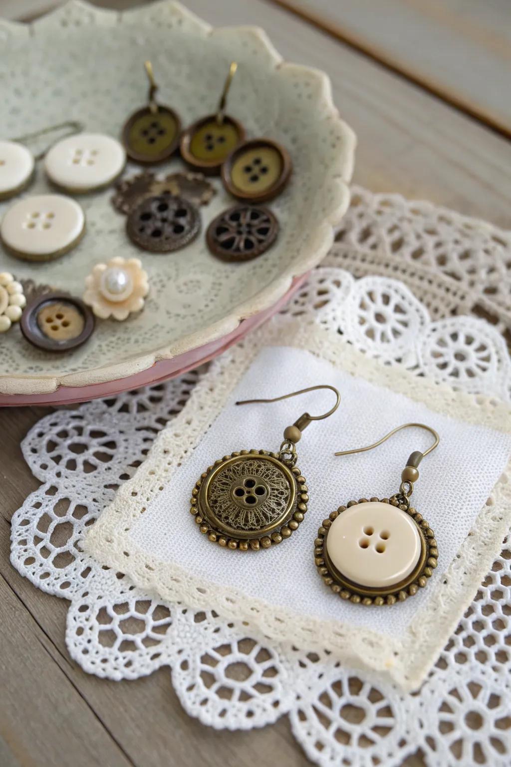 Charming vintage button earrings from flea market finds.