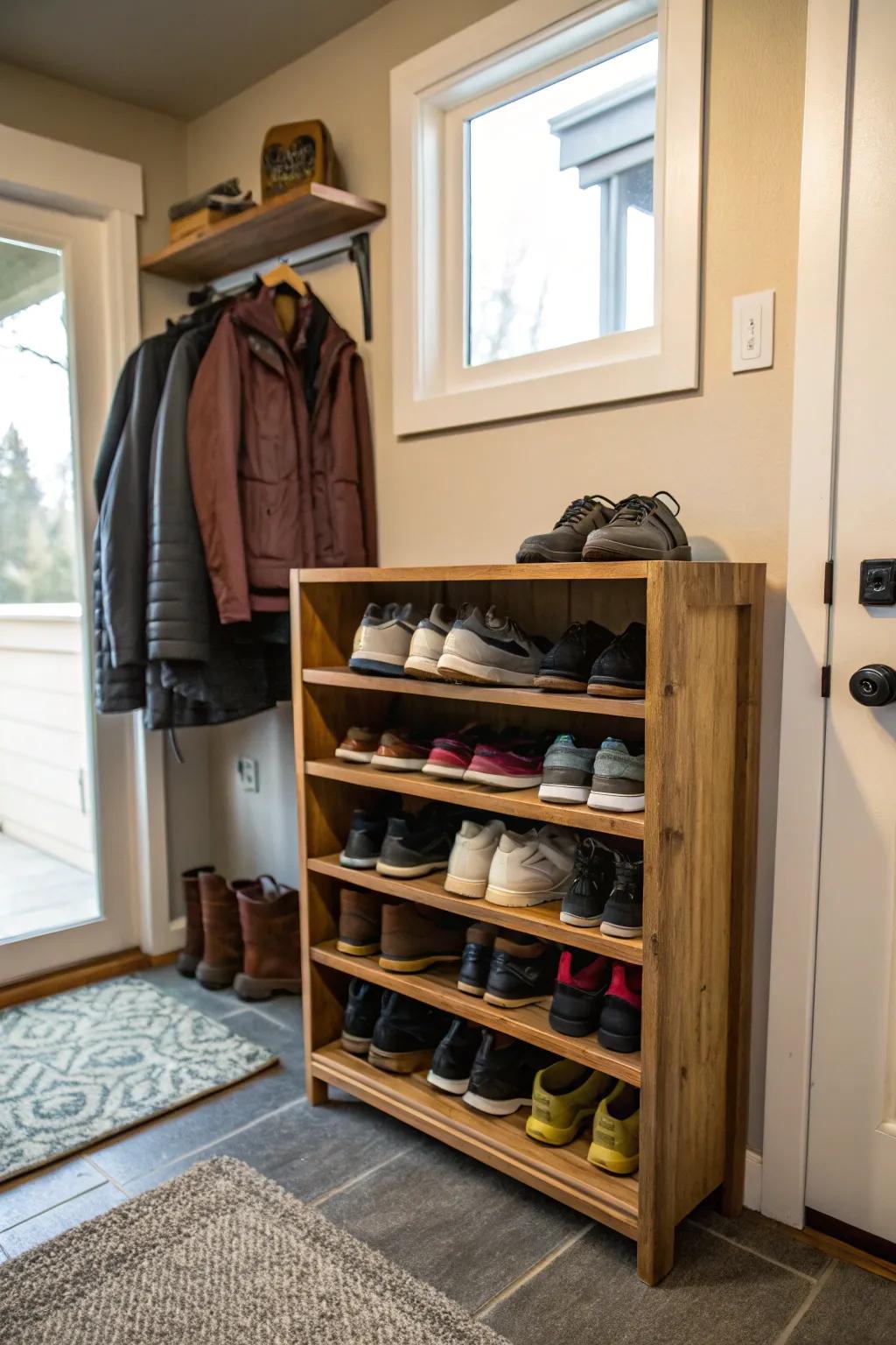 Keep your shoes organized with a compact wooden shoe rack.