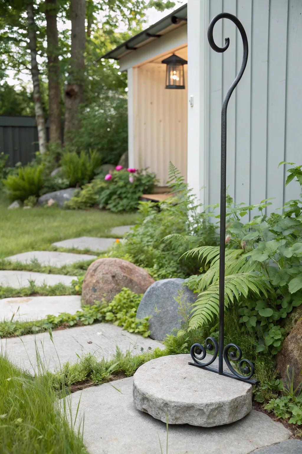 Elevate your garden's elegance with a sculptural shepherd's hook set in a stepping stone masterpiece.