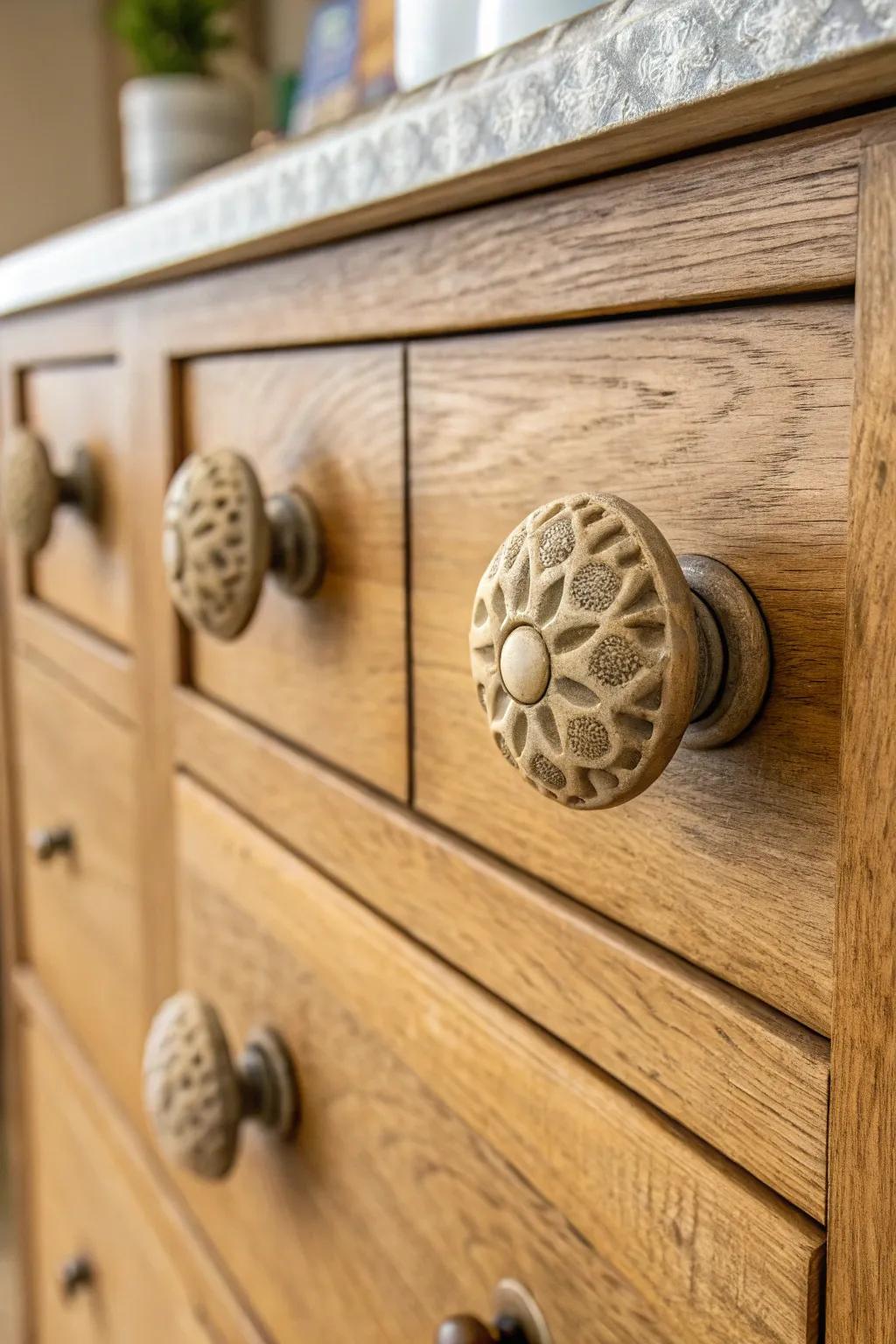 Stylish drawer knobs crafted from excavator clay, enhancing the look of a wooden dresser.