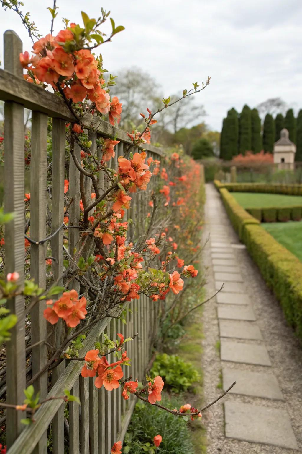 Flowering quince provides a unique pop of color to your fence.