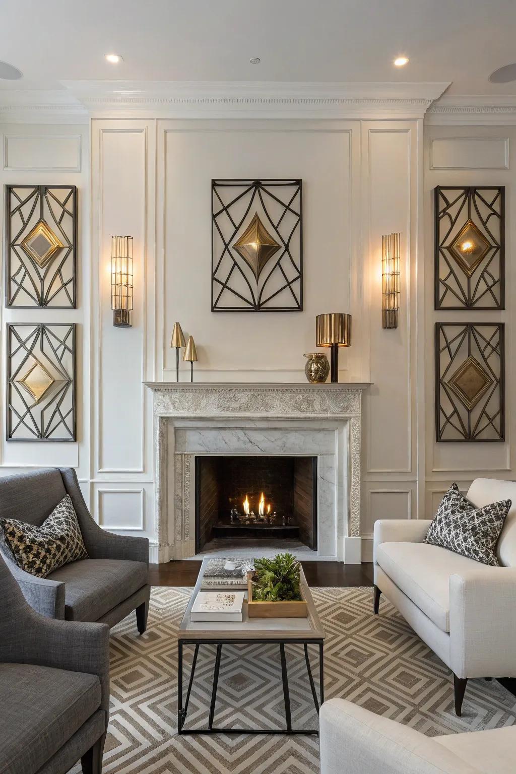 Geometric sconces add a modern artistic flair.