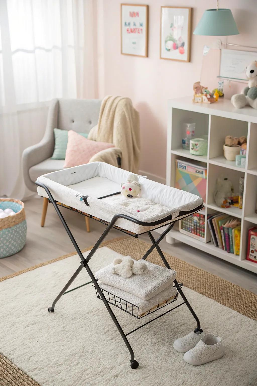 A foldable changing table for compact nursery setups.