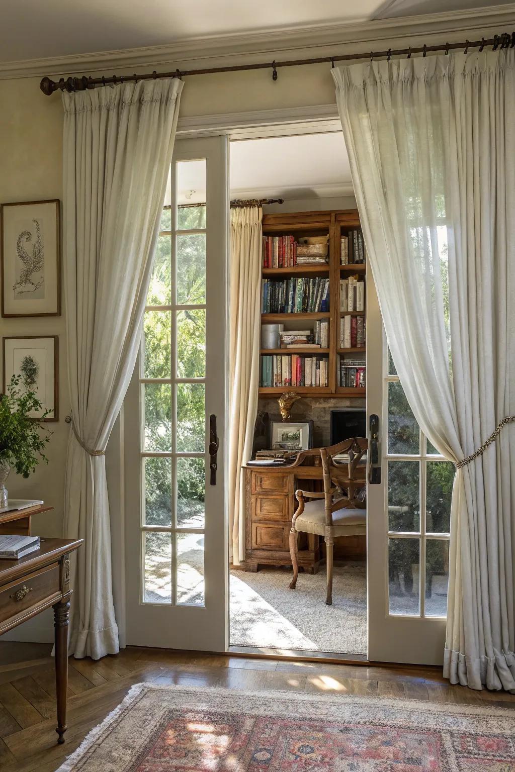 Layered curtains providing depth and versatility in the home office.