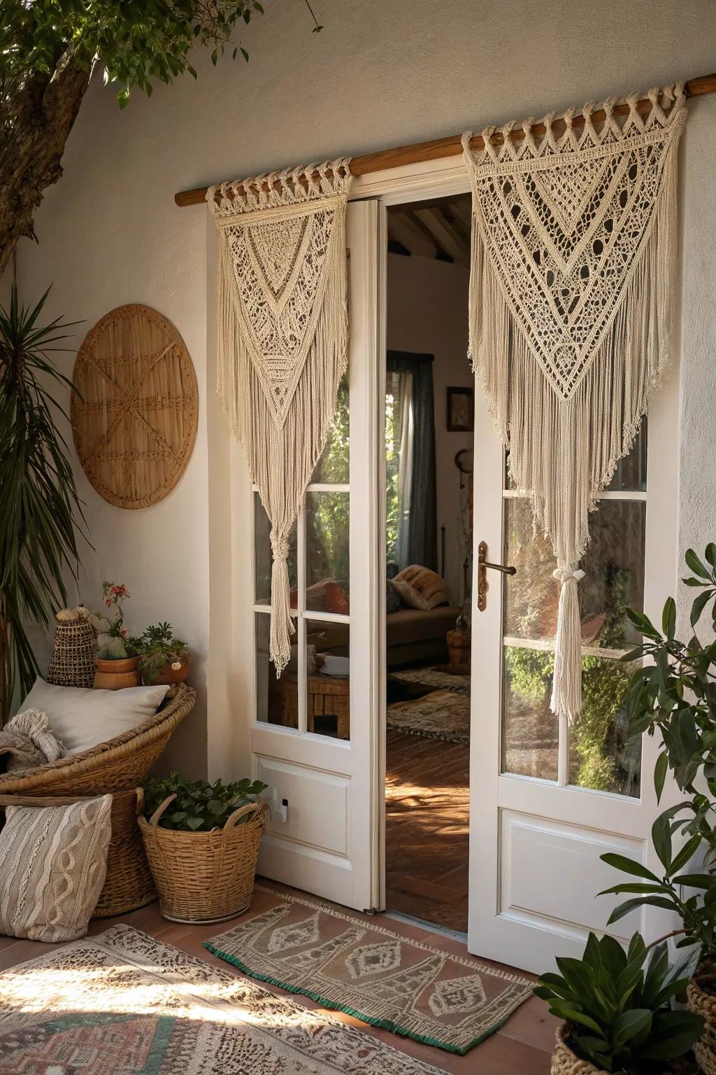 Bohemian macramé hangings adding texture and privacy to French doors.