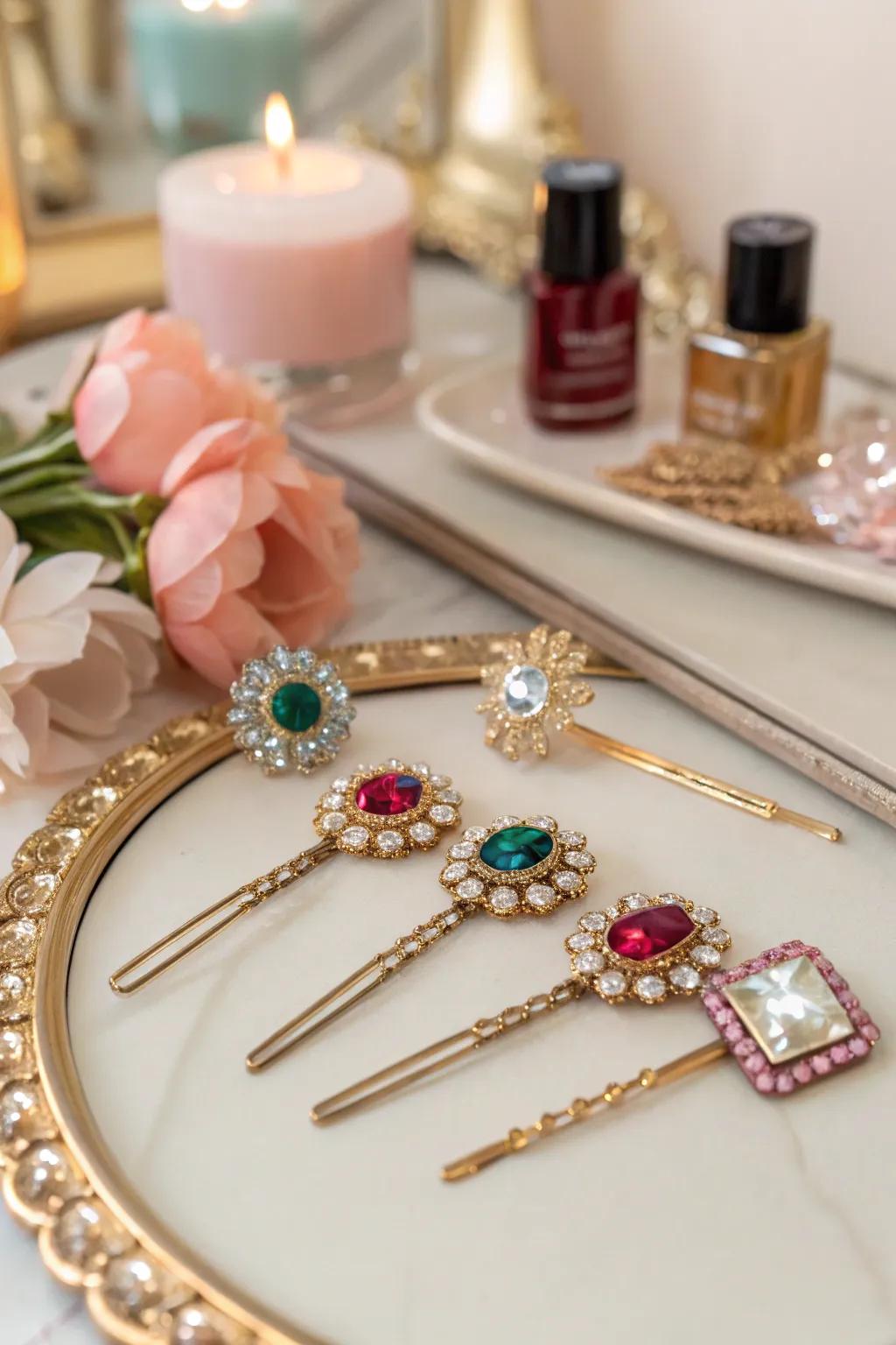 Elegant gemstone hair pins to add sparkle to any hairstyle.