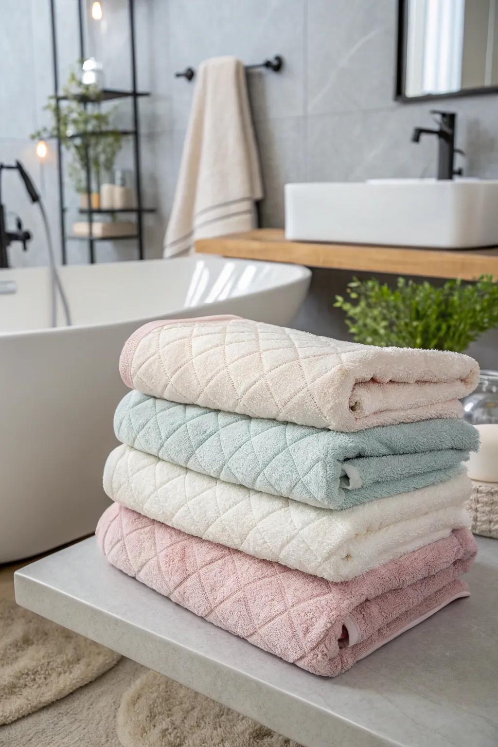 Luxurious bath towels bringing a spa-like feel to the bathroom.