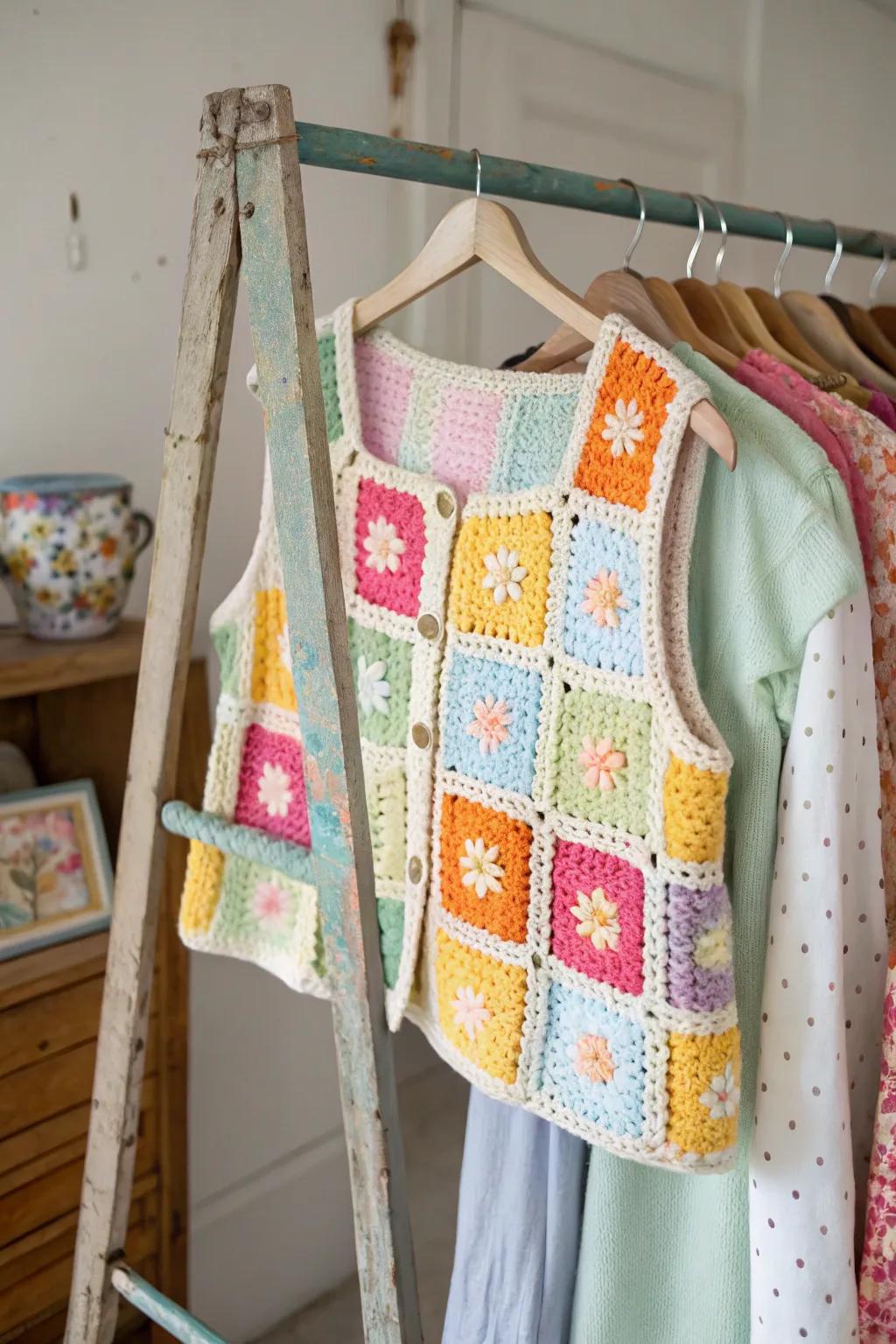 A stylish vest made from granny squares, adding a touch of retro flair to any outfit.