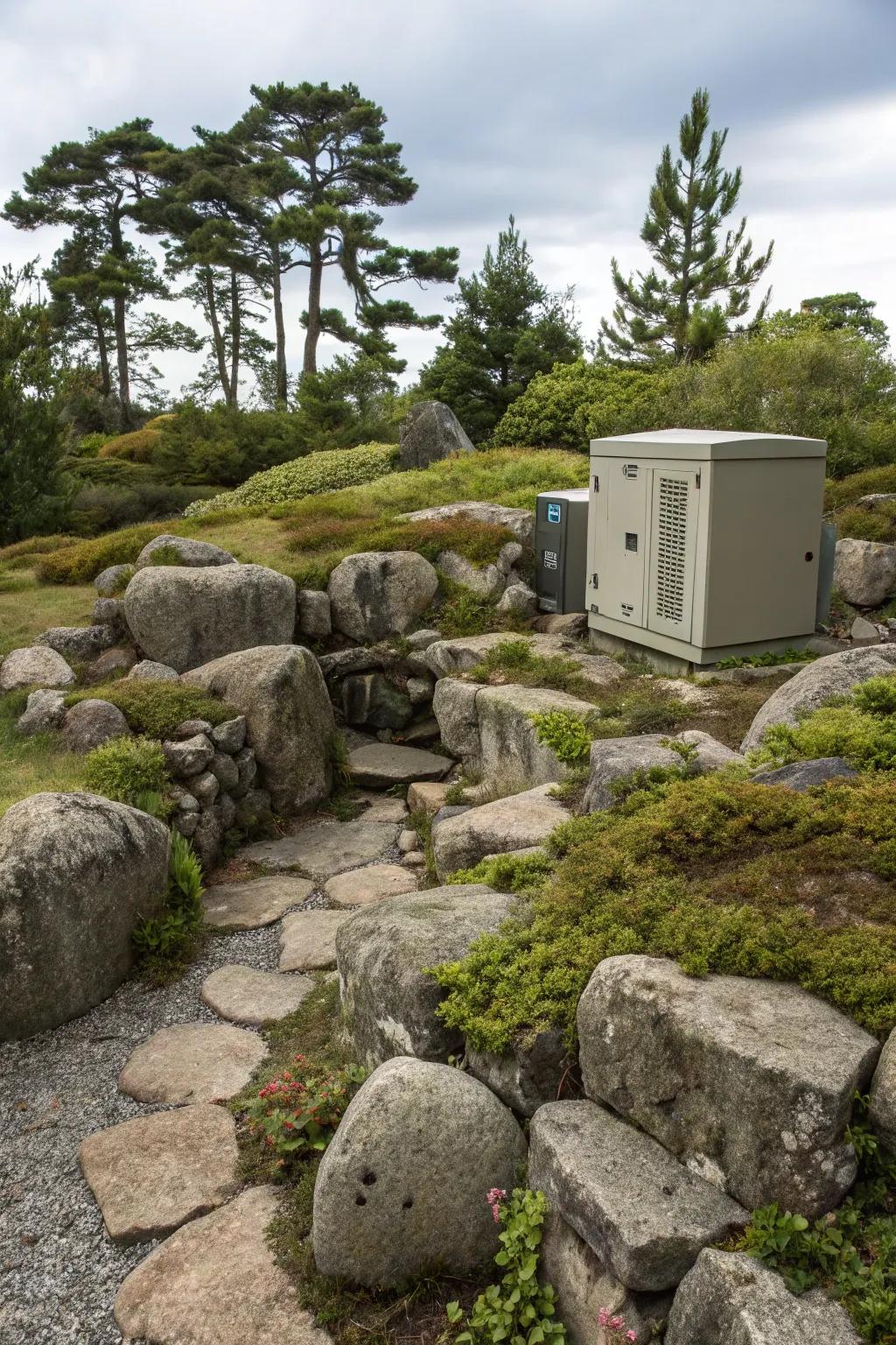 A rock garden offers a natural and low-maintenance way to hide the generator.