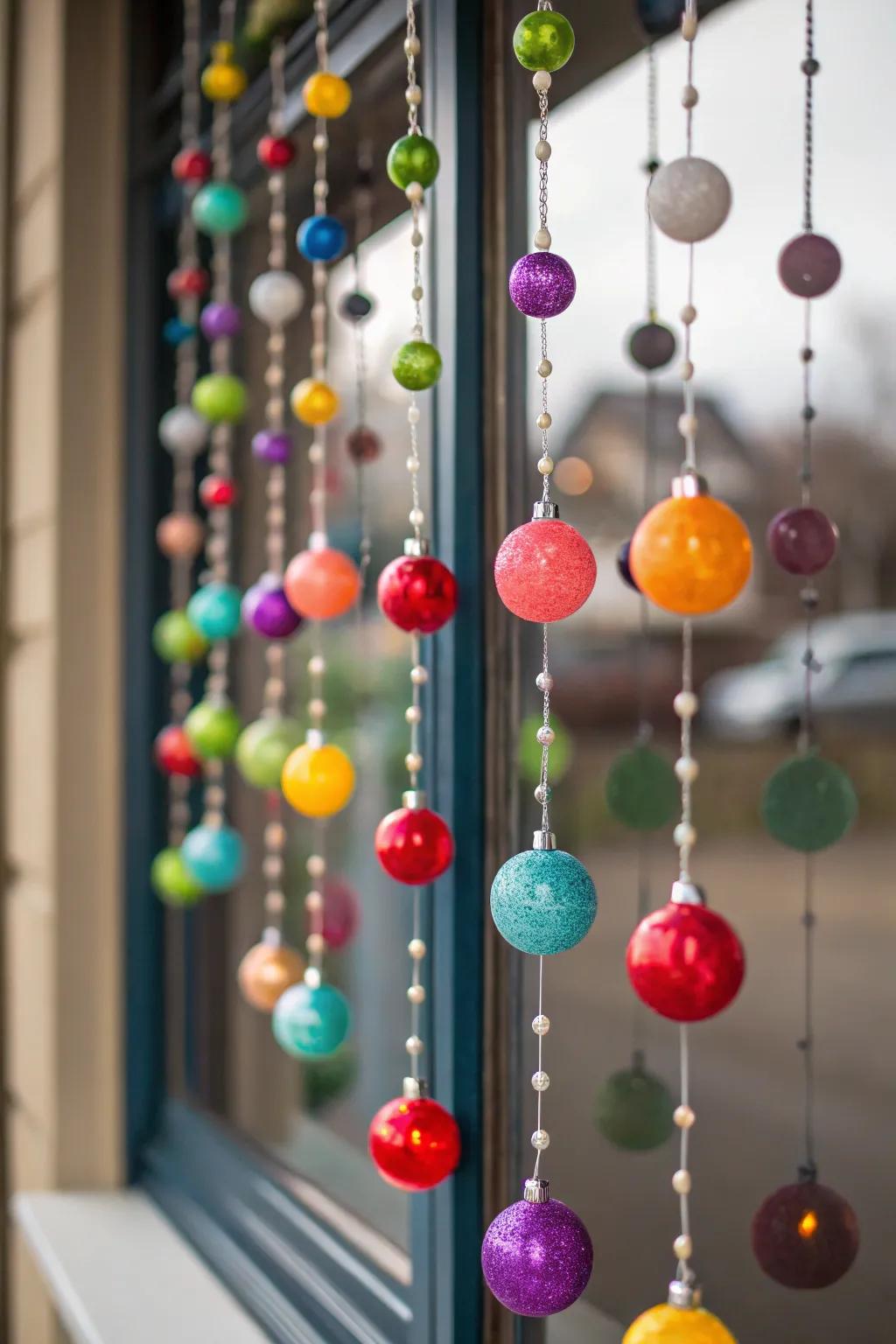 A colorful display of ball ornaments in a window.