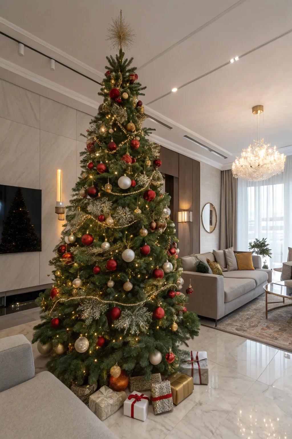 A Christmas tree that plays with proportions for a dynamic and eye-catching look.