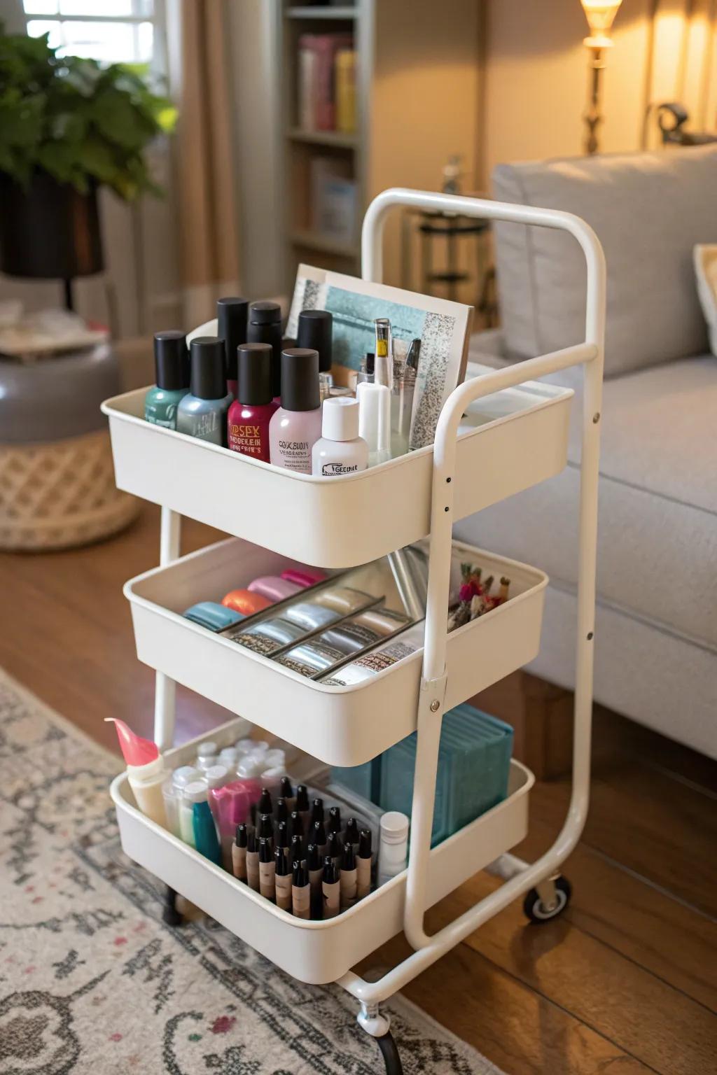 A rolling cart provides a mobile and convenient nail polish storage solution.